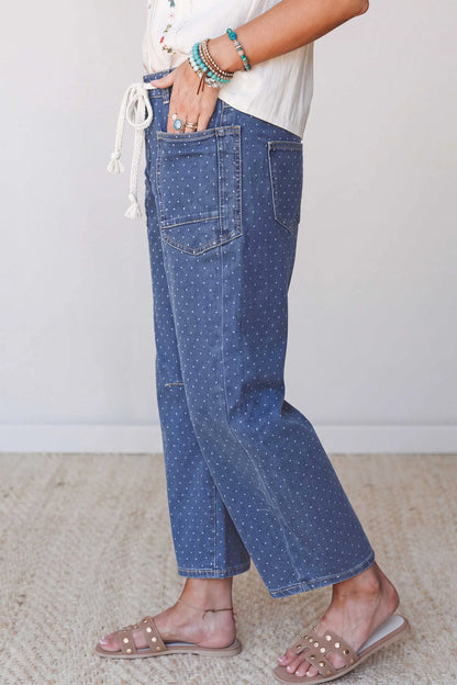 Blue Casual Polka Dot Ankle-Length Drawstring Jeans