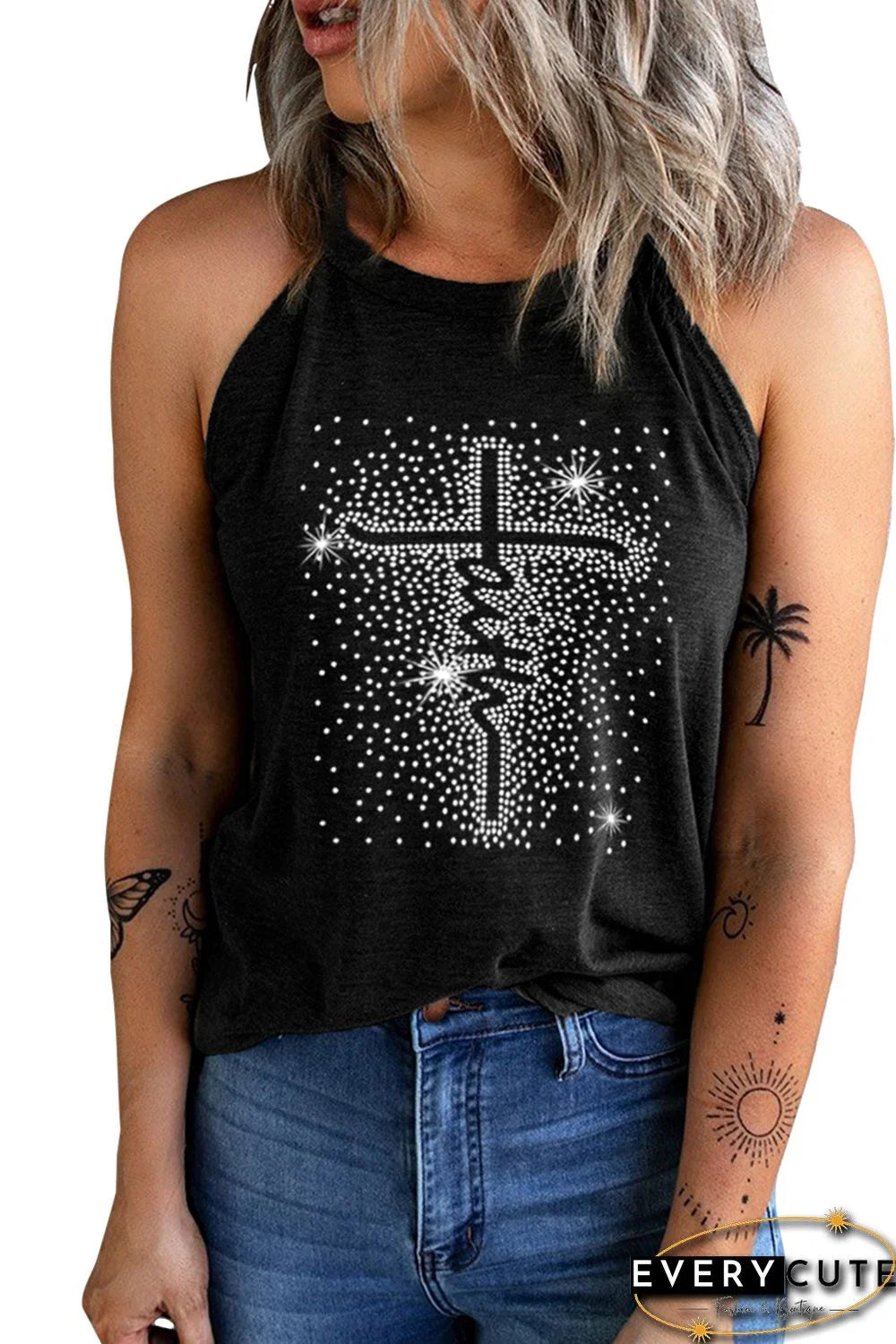 Black Faith Scatter Bling Print Graphic Tank Top