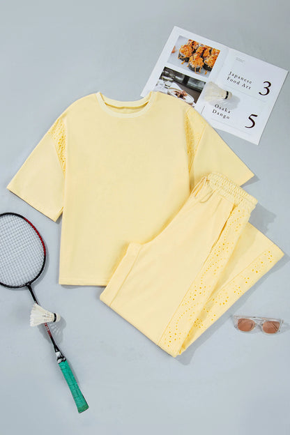 Lace Patchwork Half Sleeve Top Elastic Waist Pants Two Piece Set