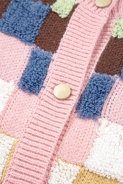 Multicolour Plush Checkered Pattern Button Front Cardigan Sweater