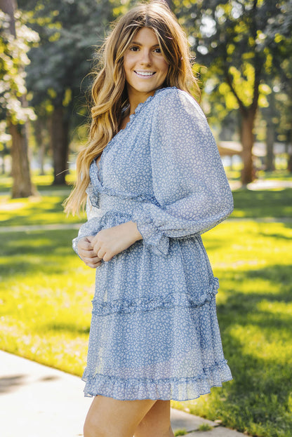 Sky Blue Ruffle Detailing Open Back Floral Dress