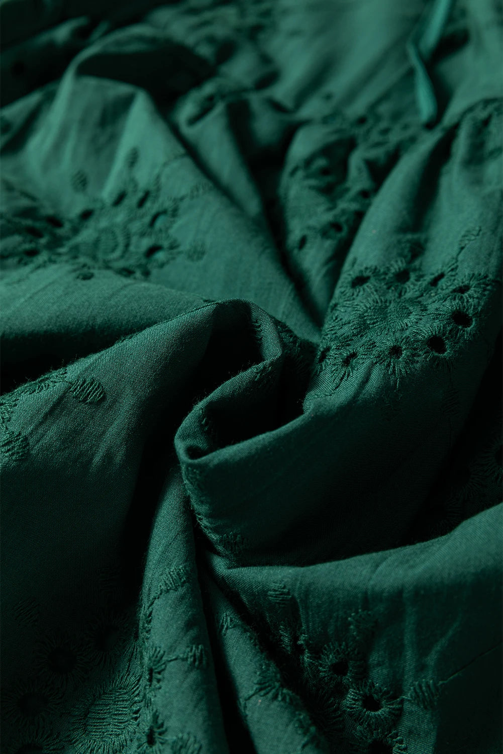 Blackish Green Embroidered Eyelet Pattern 3/4 Puffy Sleeve Swing Mini Dress