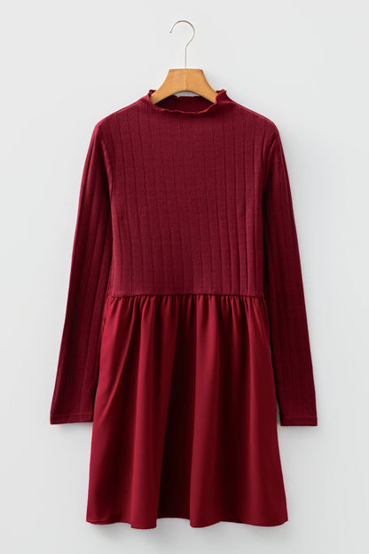 Red Dahlia Frilled Neck Ribbed Knit Patchwork Long Sleeve Mini Dress