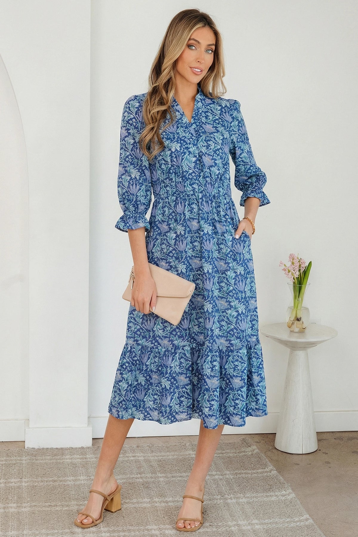 Sky Blue Floral Printed Frilled V Neck Bracelet Sleeve Long Dress