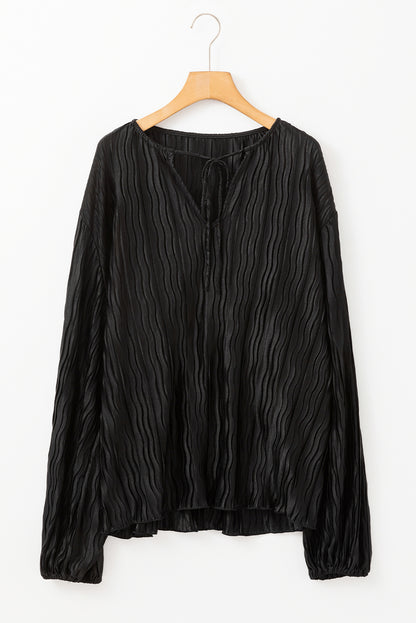 Black Textured Bubble Sleeve V Neck Loose Blouse