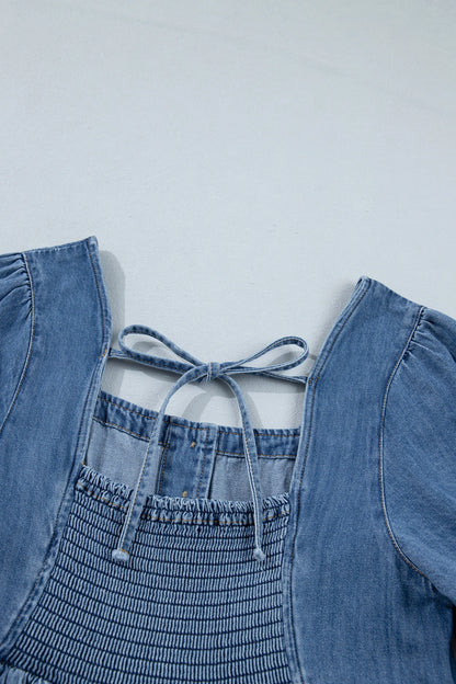 Prussian Blue Button Square Neck Short Puff Sleeve Denim Mini Dress