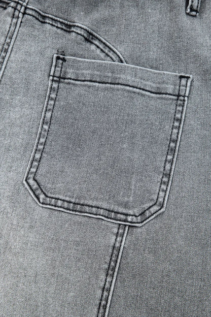 Gray Drawstring Seam Detail Raw Hem Wide Leg Denim Pants