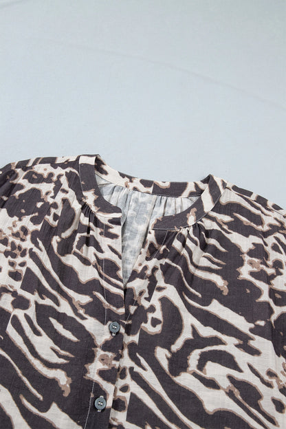Parchment Leopard Print V Neck Button Down Balloon Sleeve Shirt