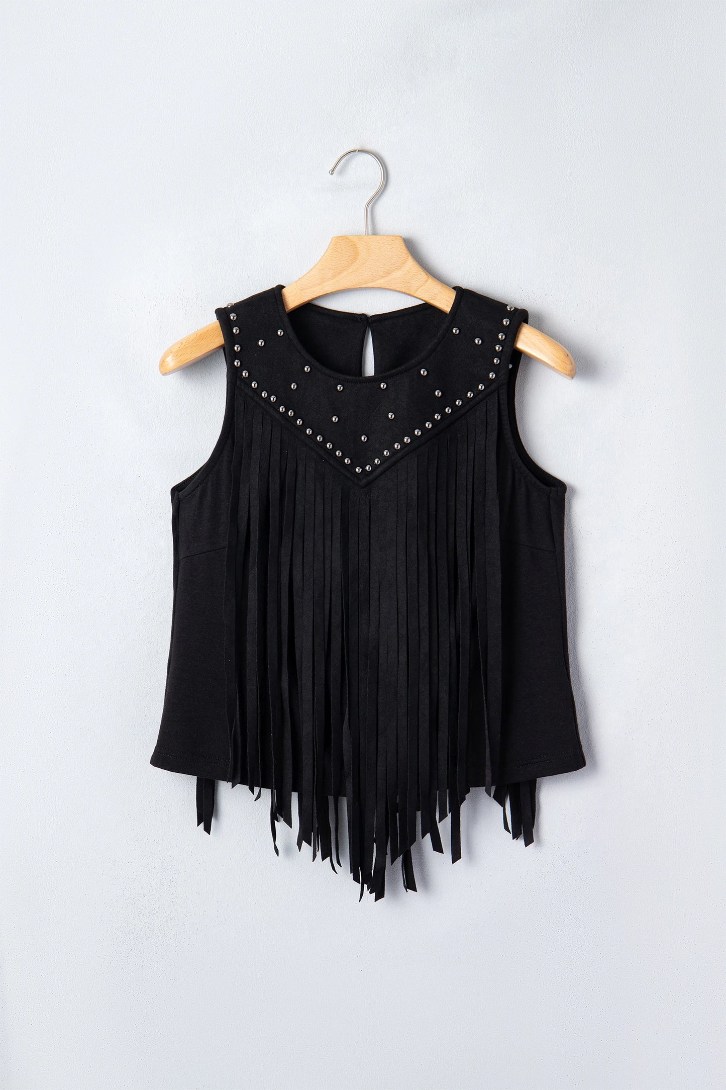 Black Western Fringe Rivet Paneling Bust Sleeveless Top