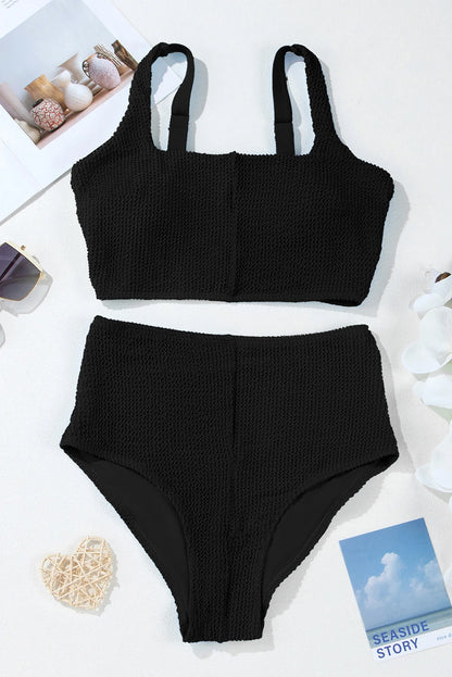 Black Corded Solid Square Neck Bikini Swimsuit