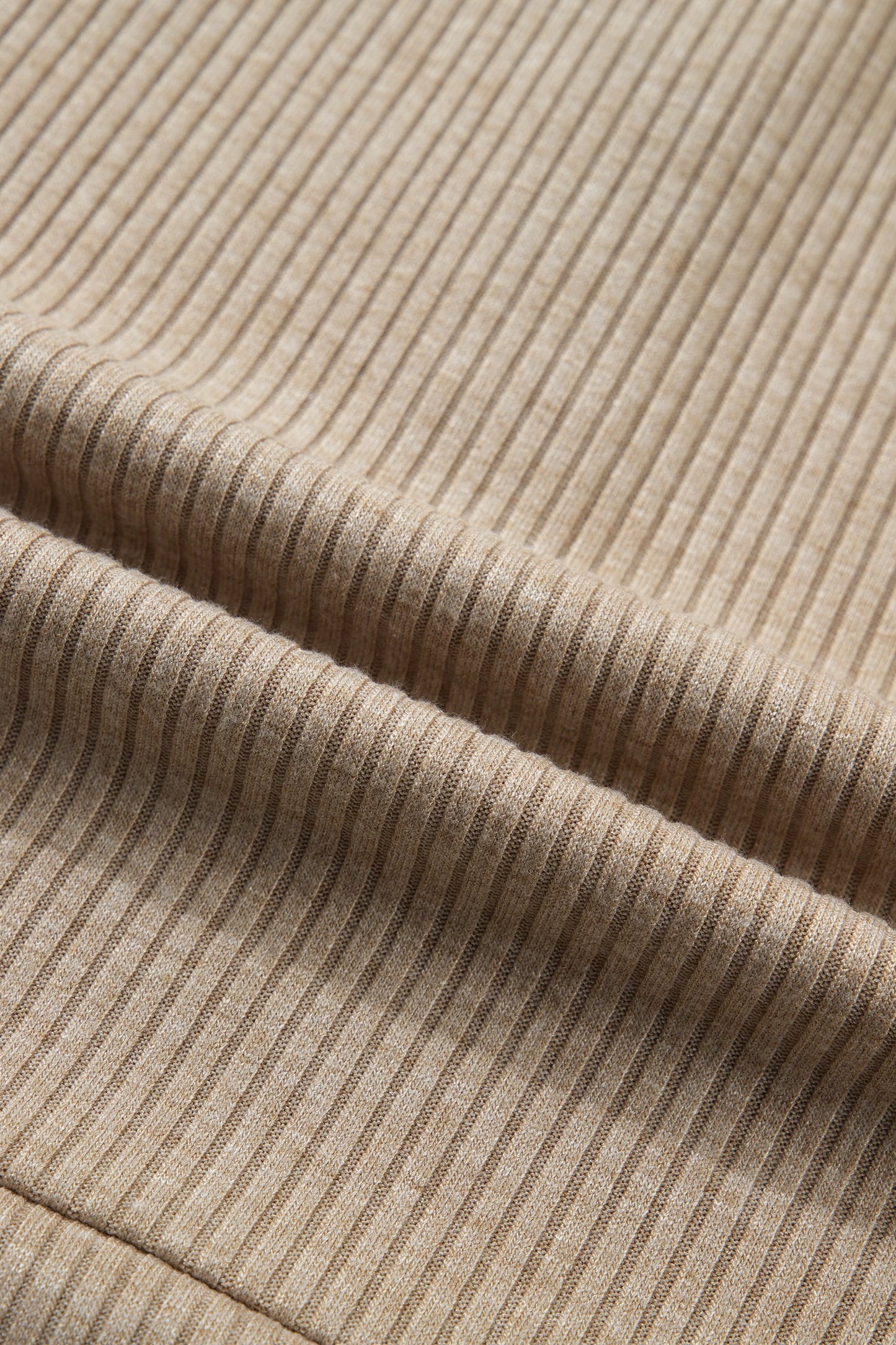 Beige Ribbed Knit Denim Patchwork Button Polo Collar Cuffed Long Sleeve Top