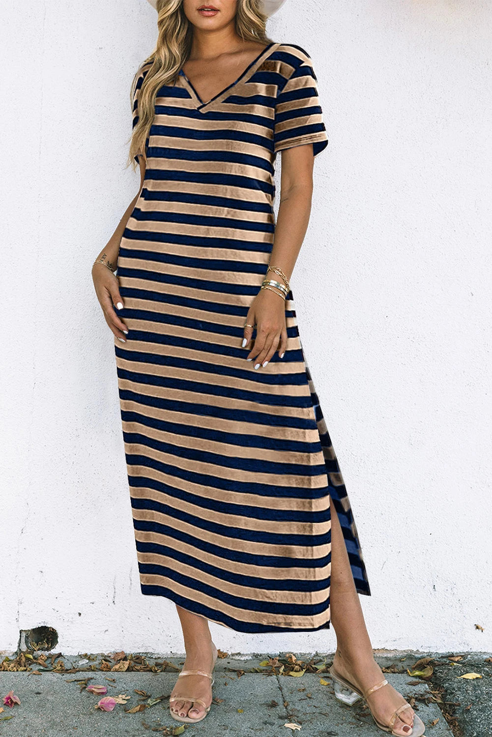 Black Stripe Print V Neck Maxi Dress with Side Splits