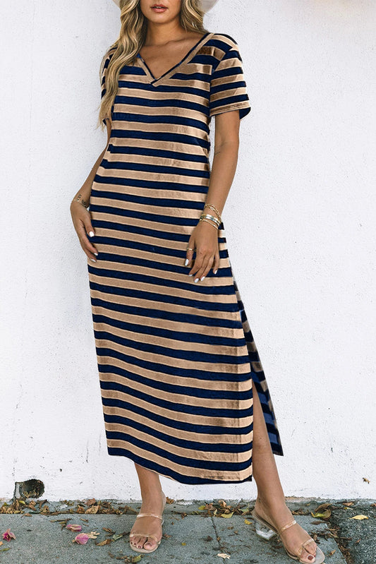Black Stripe Print V Neck Maxi Dress with Side Splits