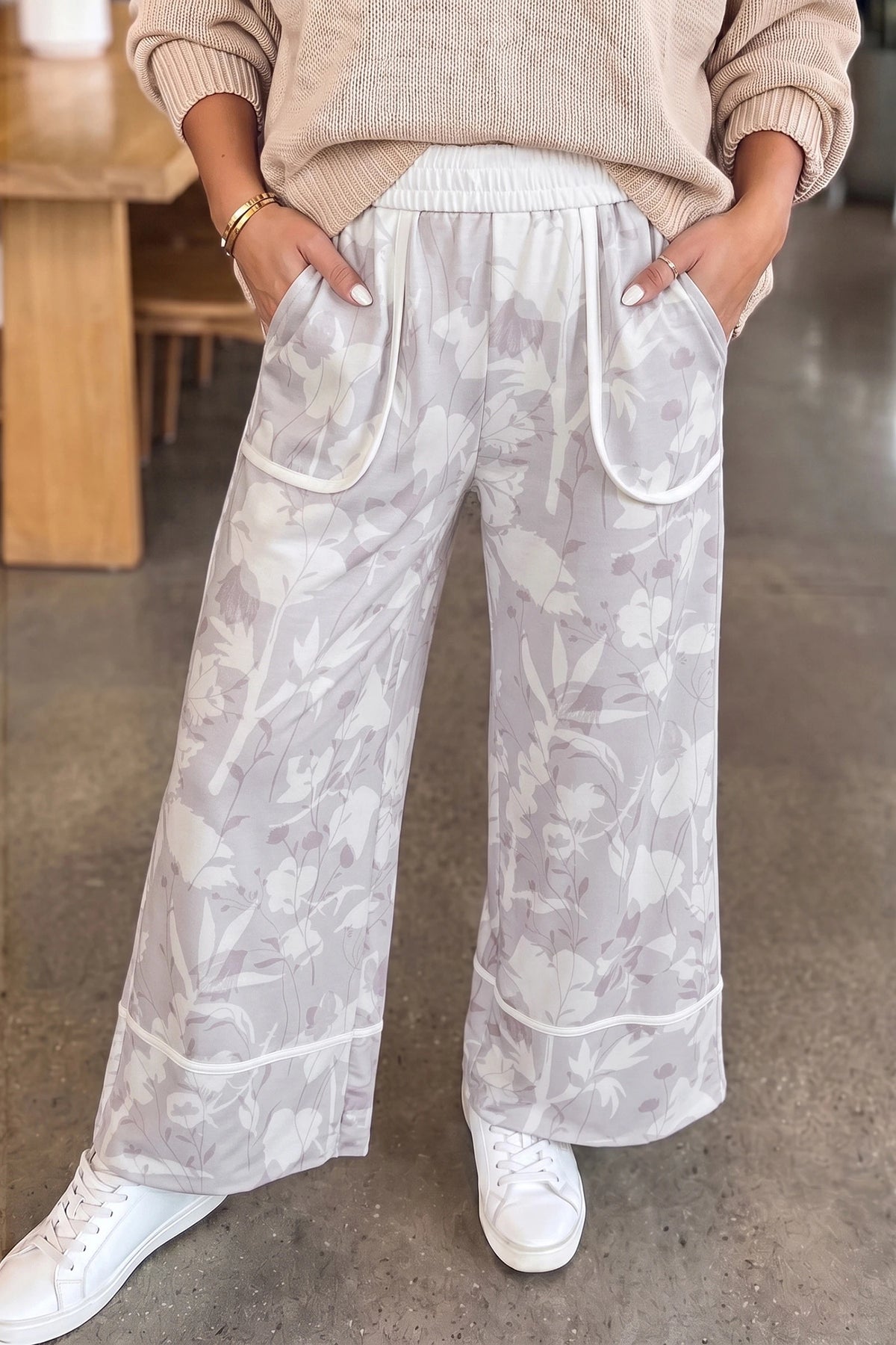 Gray Floral Print Wide Leg Ankle-Length Elastic Waistband Pants
