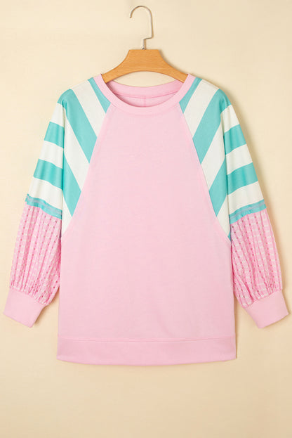 Bonbon Striped Colorblock Patchwork Raglan Pullover Top with Slits