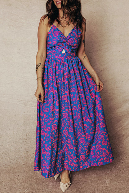 Blue Floral Print Twisted V Neck Tied Backless Maxi Dress