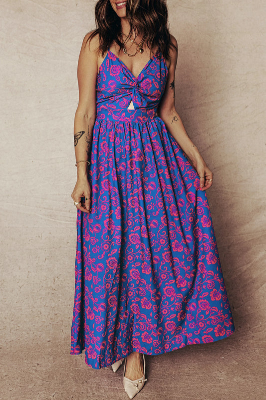 Blue Floral Print Twisted V Neck Tied Backless Maxi Dress