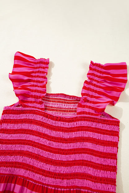 Rose Stripe Flutter Sleeve Smocked Bodice Tiered Maxi Dress
