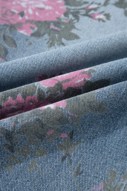 Beau Blue Floral Print Elastic Waist Pull On Casual Jeans