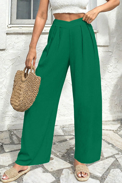 Evergreen Solid Color Textured Crossed Waist Loose Pants