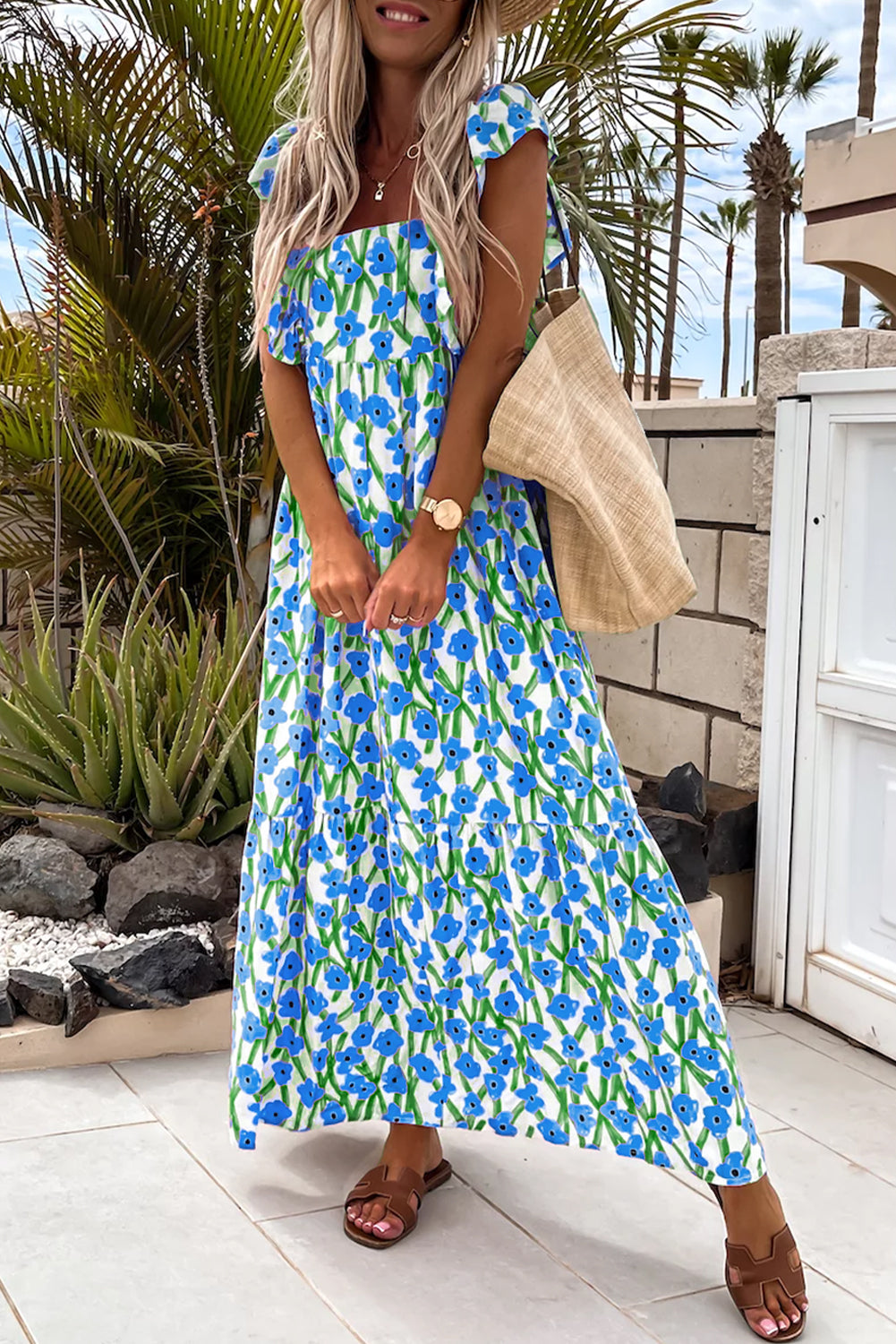 Blue Floral Print Square Neck Ruffled Strap Maxi D