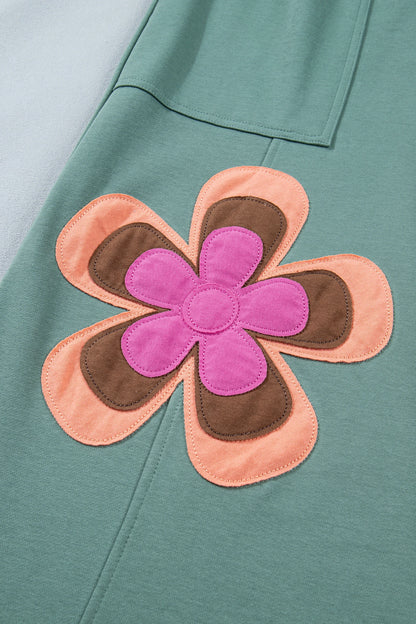 Color Block Flower Patchwork Drawstring Contrasted Elastic Waist Wide Leg Pants