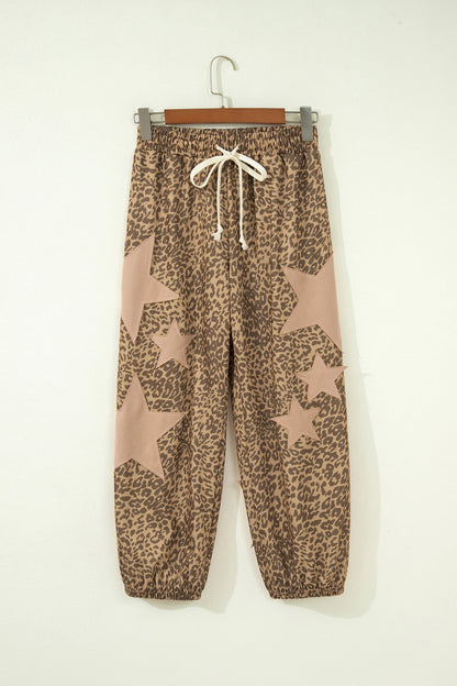 Leopard Print Star Patched Drawstring Elastic Waist Jogger Pants