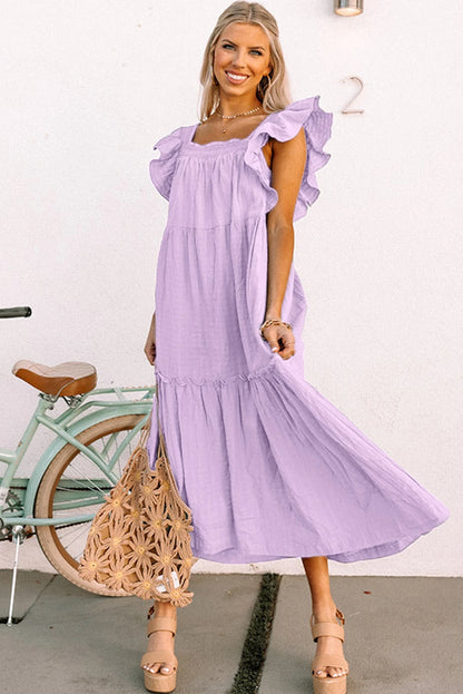 Ruffled Flutter Sleeve Square Neck Textured Tiered Maxi Dress