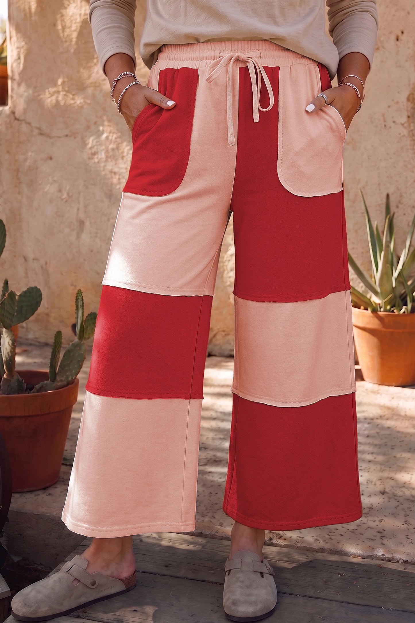 Raw Seam Colorblock Wide Leg Ankle Length Casual Pants