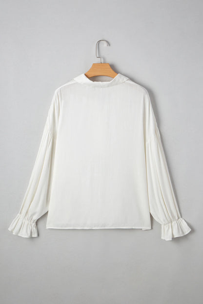 White Ruffle Elastic Cuffs Puffy Long Sleeve Button Down Shirt