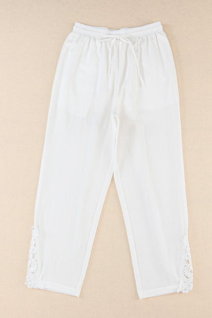 Lace Splicing Drawstring Casual Cotton Pants