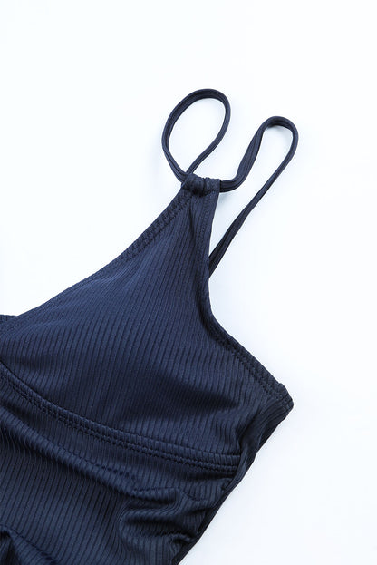 Blue Adjustable Straps Ribbed Knit One Piece Swimsuit