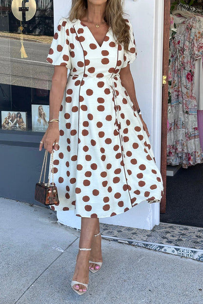 White Polka Dot Printed V Neck Short Sleeve Tie Waist Midi Dress