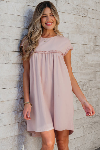Frilled Trim Crew Neck Loose Fit Mini Dress