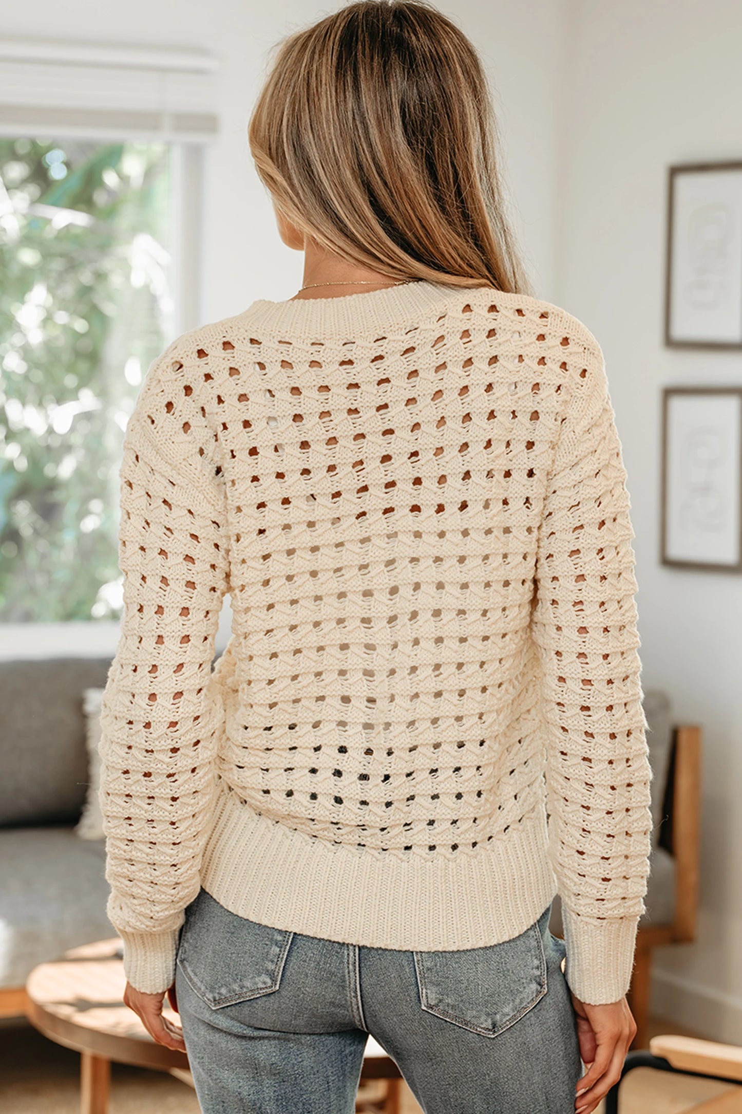Beige Hollowed Pattern Knit Zip Up Drop Shoulder Sweater Cardigan