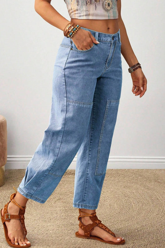 Beau Blue Decorative Seam Patchwork Detail Solid Color Jeans