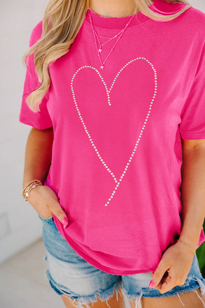 Rose Red Rhinestone Heart Graphic Crew Neck Valentines Tee