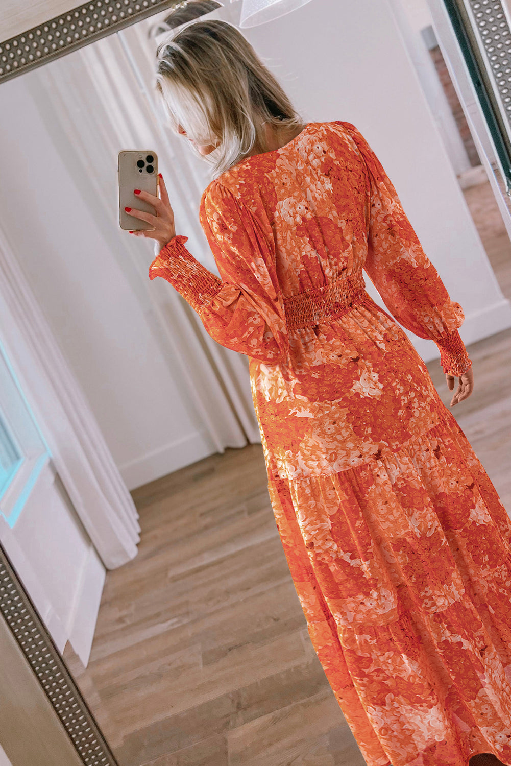 Smocked Printed V Neck Long Sleeve Dress Orange M