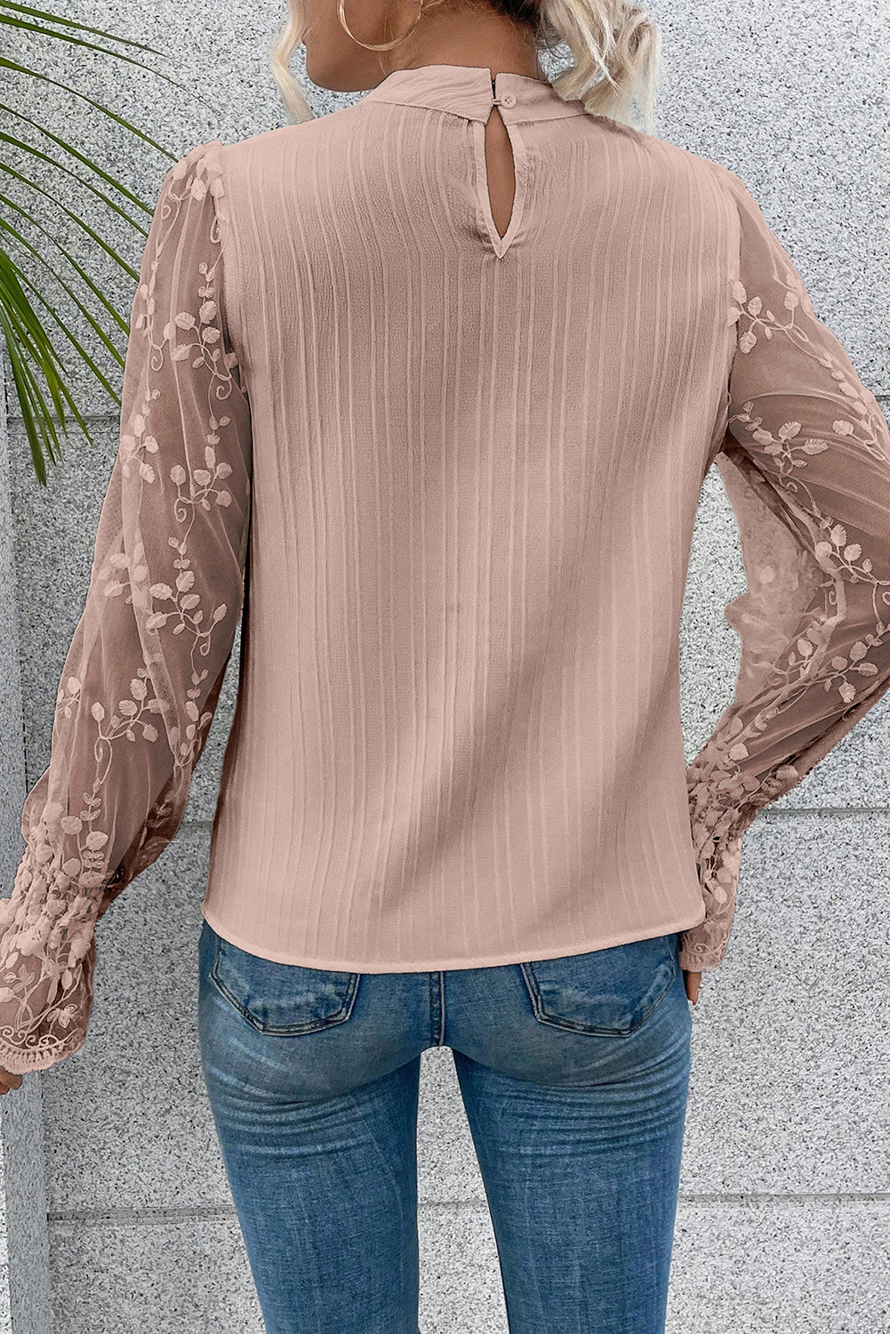Apricot Pink Contrast Lace Sleeve Mock Neck Textured Blouse