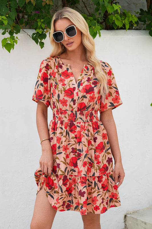 Red Floral Print Wrap V Neck Short Sleeve High Waistband Mini Dress