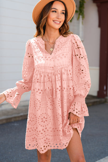 Light Pink Pointelle Drawstring Notch V Neck Loose Fit Mini Dress