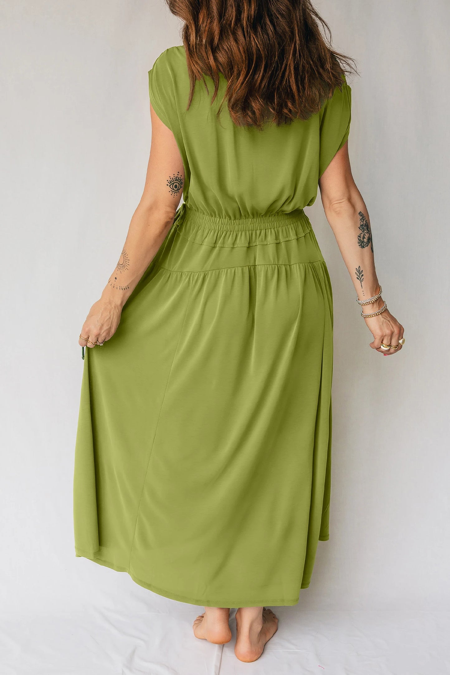 Fern Green Solid V Neck Cap Sleeve Tunic Elastic Waist Versatile Maxi Dress