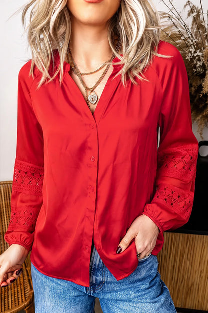 Fiery Red Patchwork Lace Long Sleeve V Neck Button Front Shirt