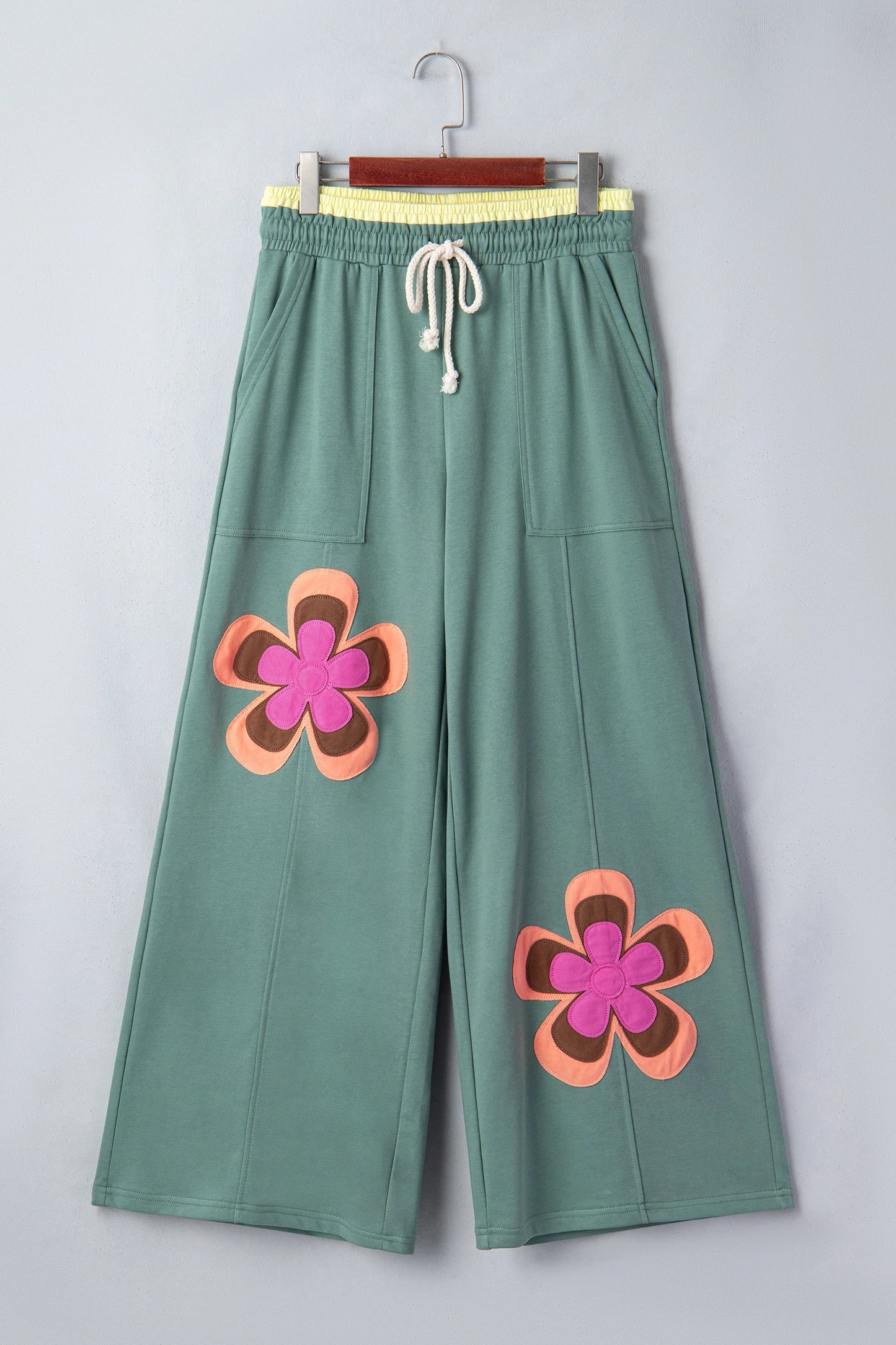 Color Block Flower Patchwork Drawstring Contrasted Elastic Waist Wide Leg Pants