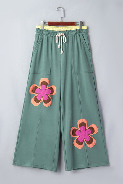 Color Block Flower Patchwork Drawstring Contrasted Elastic Waist Wide Leg Pants