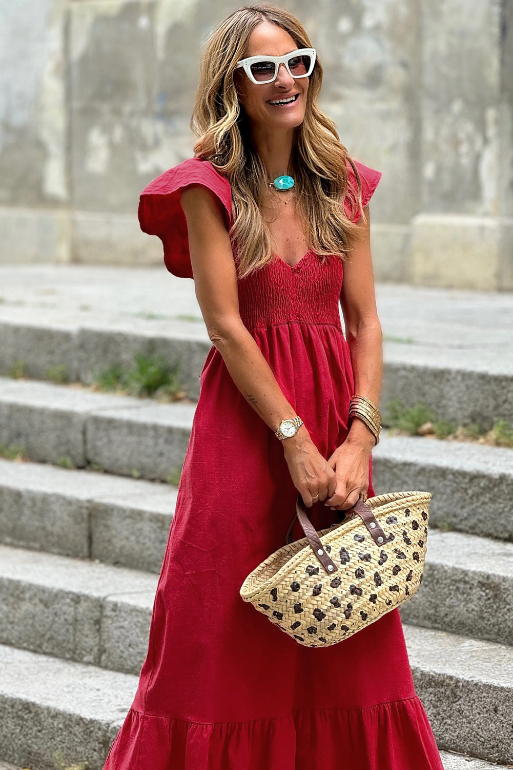Fiery Red V Neck Flutter Sleeve Smocked Bodice High Waist Ruffle Maxi Dress
