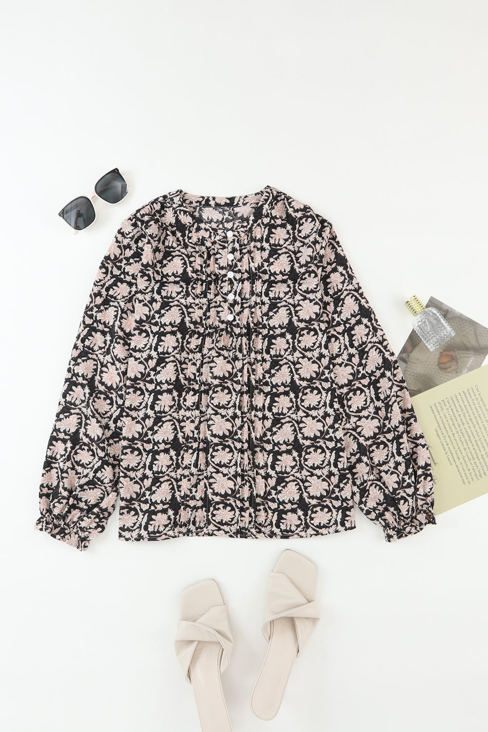 Plus Size Floral Split Neck Button Puff Sleeve Dre