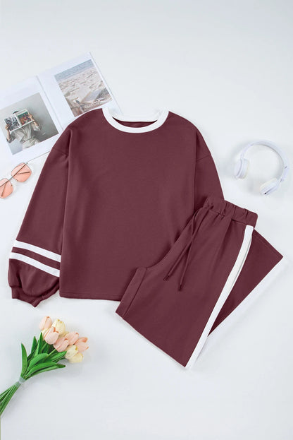 Mineral Red Varsity Stripe Patchwork Puff Sleeve Pullover Drawstring Wide Leg Pant Set