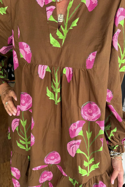 Brown Contrast Floral Print Babydoll Tunic Ruffled Hem Puff Sleeve Dress
