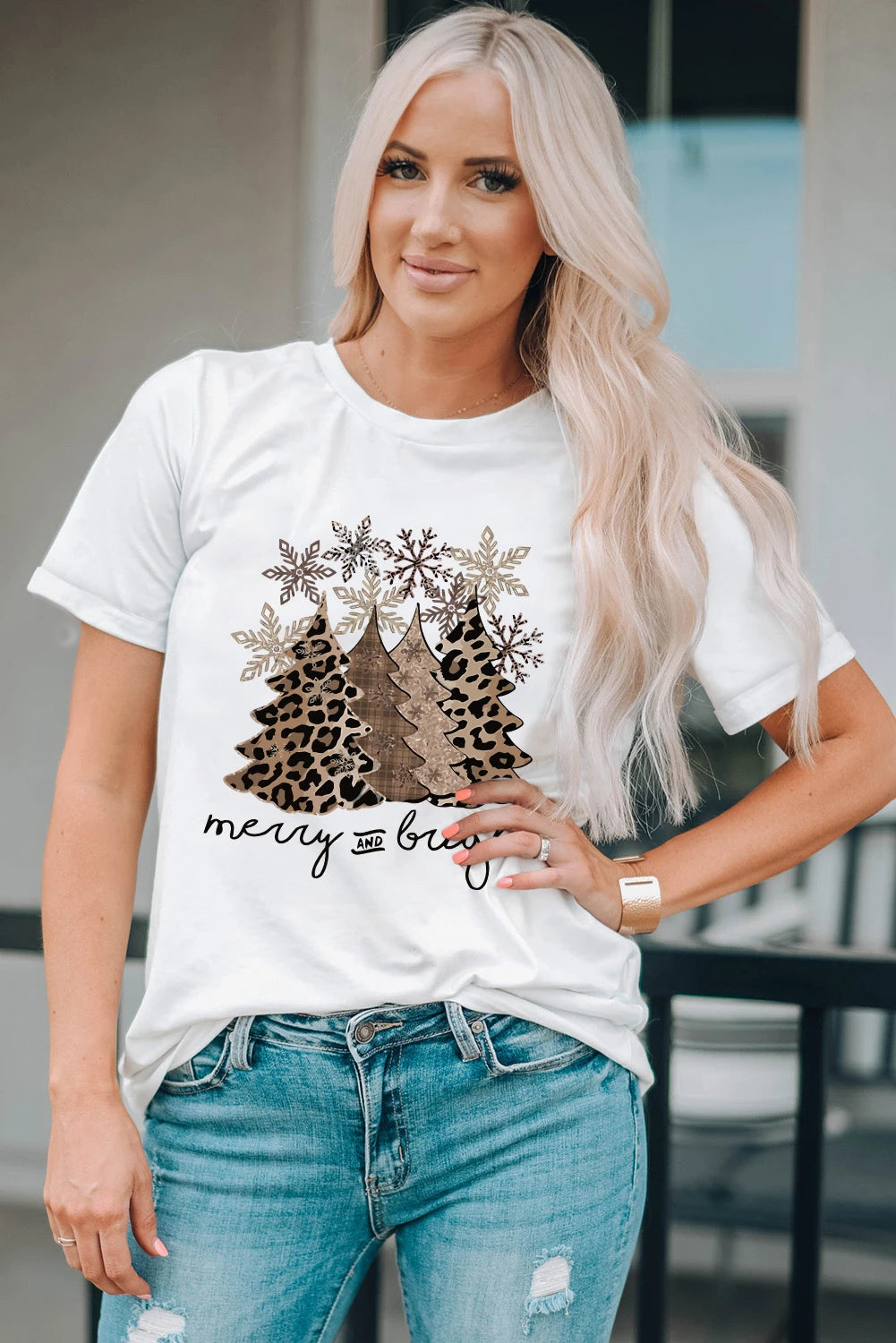 Leopard Christmas Tree Graphic Crew Neck T Shirt